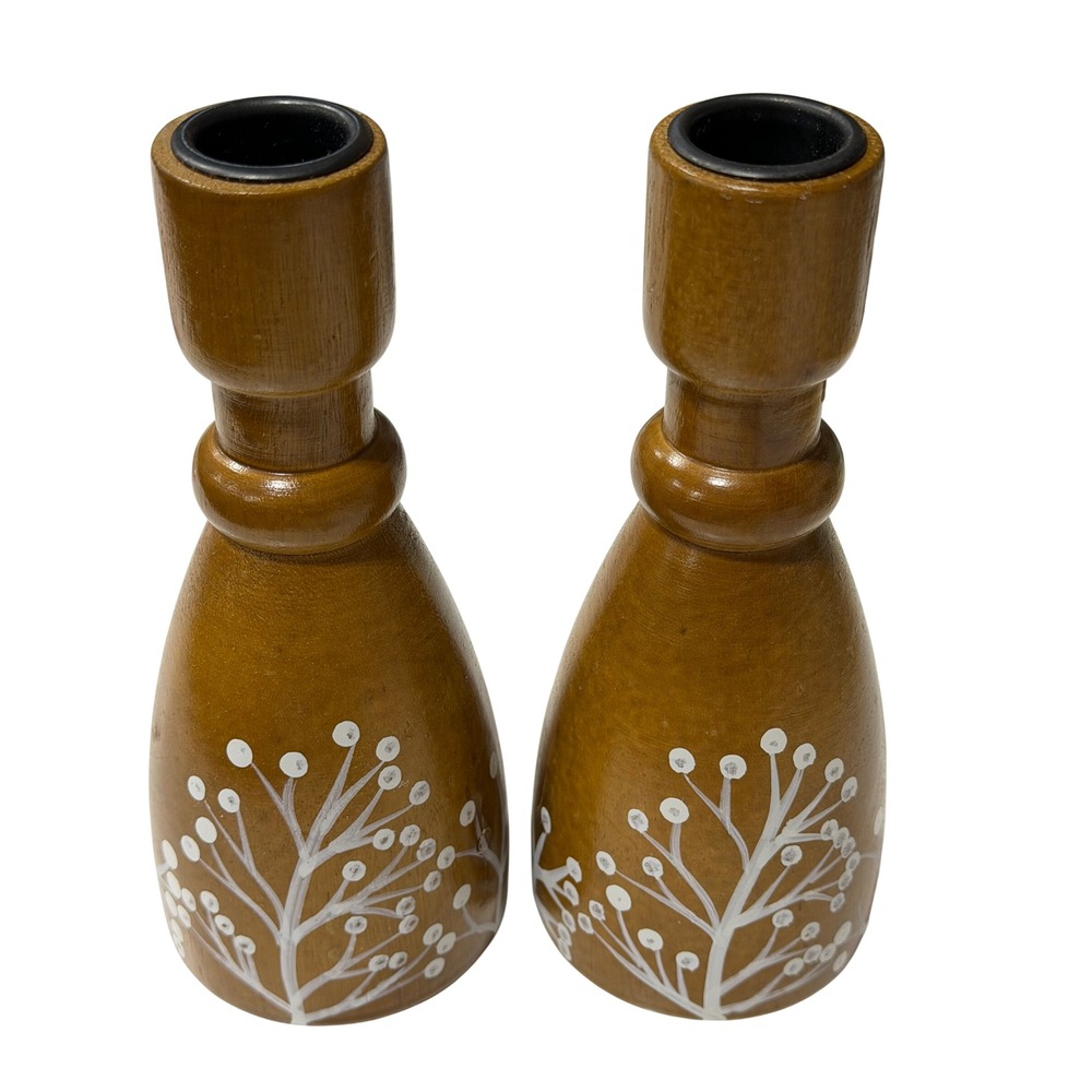 Pair Turned Wood Taper Candle Holders – Botanical Branch Rustic MCM Style